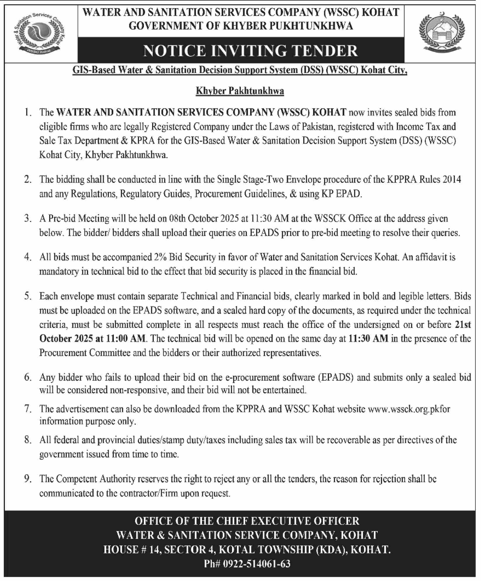 Water & Sanitation Services Company Kohat Tender Notice
